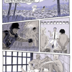 A comic book graphic of two men walking across river, then being pulled aside by a National Guard, then being detained and questioned. The last strip shows the two men sitting in a jail cell with another man.