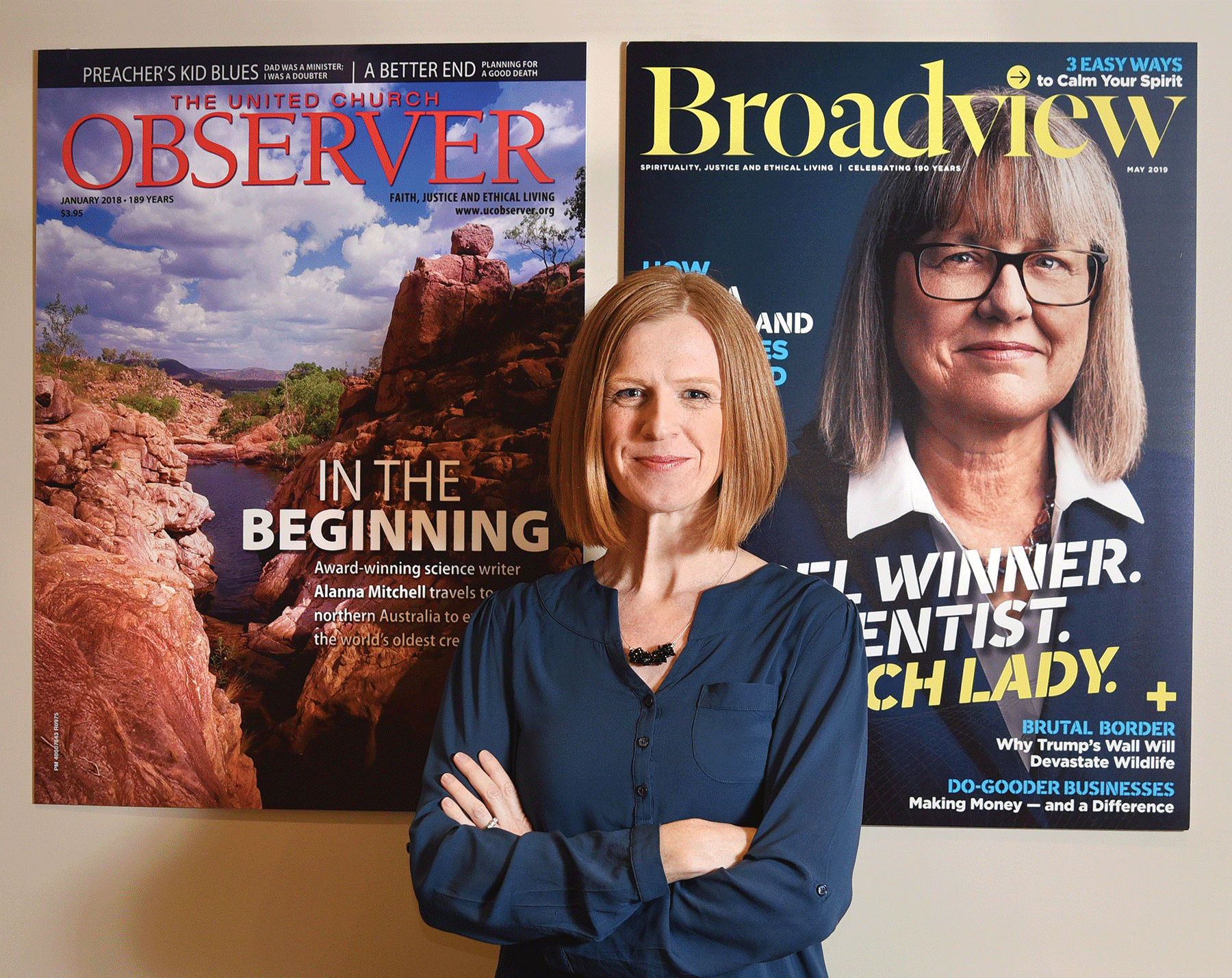 Editor of the Broadview magazine, Jocelyn Bell stands with her arms crossed facing the camera.