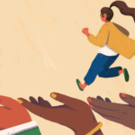 Illustration of woman running over three hands