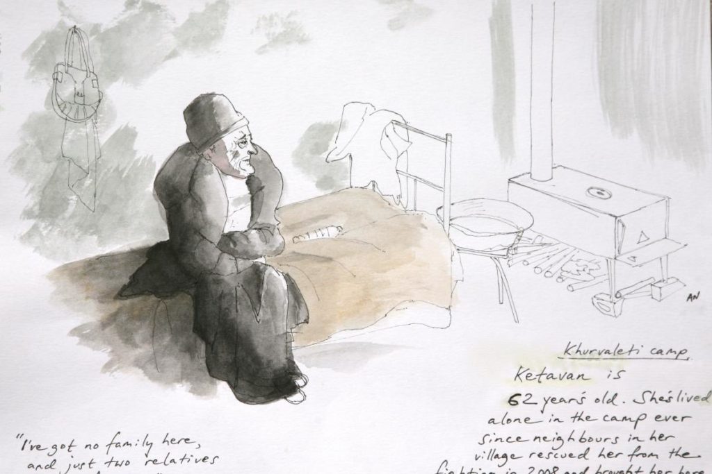 Andrew North sketch drawing of an older woman sitting on a bed