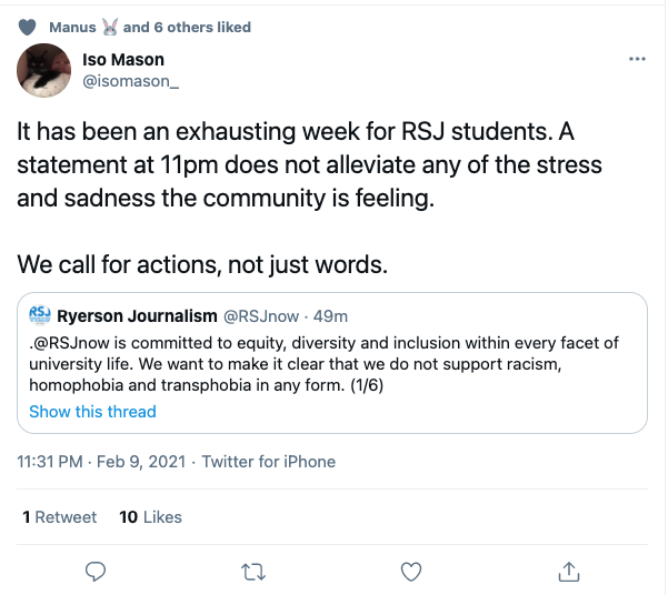 A Twitter reply to the RSJ statement from user @isomason_. It reads, "It has been an exhausting week for RSJ students. A statement at 11pm does alleviate any of the stress and sadness the community is feeling."