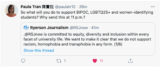 A Twitter reply to the RSJ statement from user @paulatr12. It reads, "So what will you do to support BIPOC, LGBTQ2S+ and women-identifying students? Why send this at 11pm?"