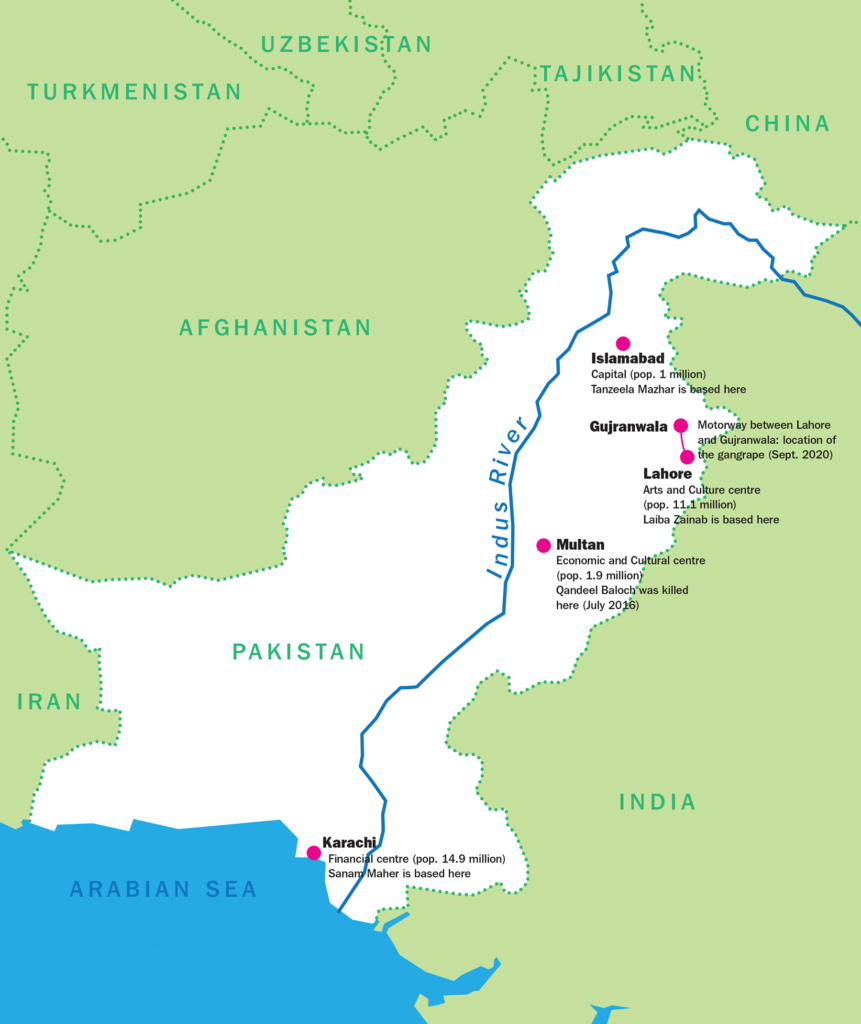 A map highlighting Pakistan and some of it's key regions including, Karachi, Multan, Gujranwala, Lahore and Islamabad