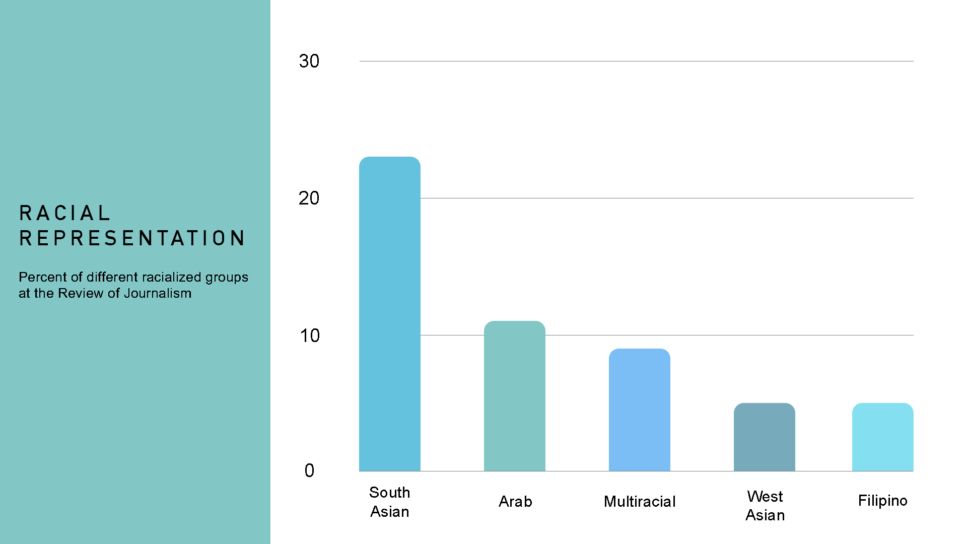 A bar graph representing the racial representation percentages and identities at The Review of Journalism.