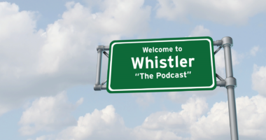 A road sign that says Welcome to Whistler "The Podcast" with a cloudy sky in the background