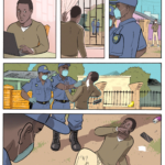 A comic style illustration of a black man sitting at a laptop and then looking out the window to see two black police officers. He goes outside and has a conversation with the officers and appears to be assaulted before laying on the ground with the officers looking down on him.