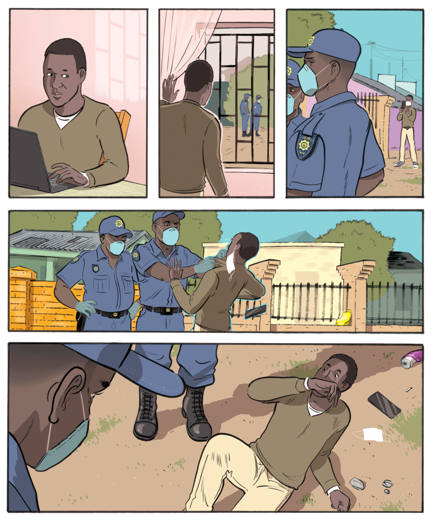 A comic style illustration of a black man sitting at a laptop and then looking out the window to see two black police officers. He goes outside and has a conversation with the officers and appears to be assaulted before laying on the ground with the officers looking down on him.