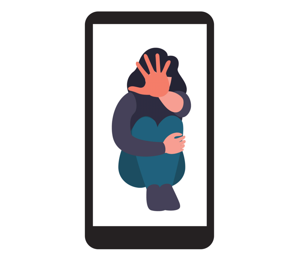 An illustration of a smartphone with a person sitting with their knees tucked to their chest with a hand out indication stop