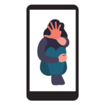 An illustration of a smartphone with a person sitting with their knees tucked to their chest with a hand out indication stop