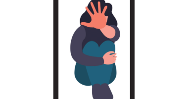 An illustration of a smartphone with a person sitting with their knees tucked to their chest with a hand out indication stop