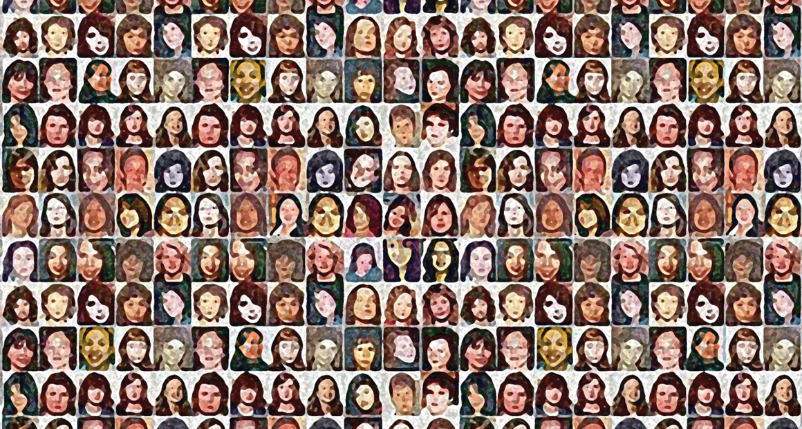 An illustrated collage of many faces of missing and murdered people