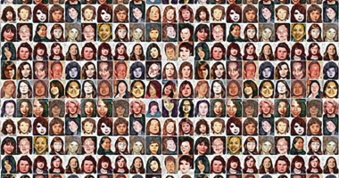 An illustrated collage of many faces of missing and murdered people