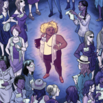 A plus sized woman standing in the spotlight in the centre of a number of thinner woman wearing press badges