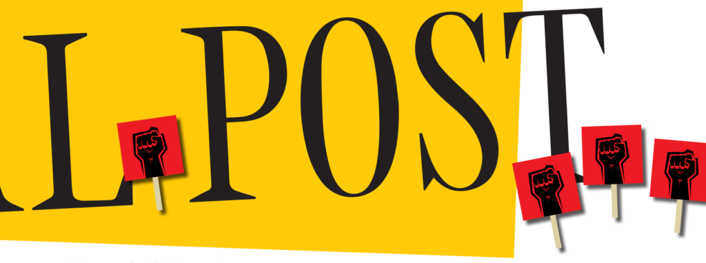 Part of the national post logo with a red picket sign with a fist in the air