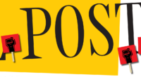 Part of the national post logo with a red picket sign with a fist in the air