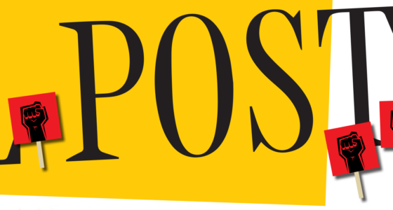Part of the national post logo with a red picket sign with a fist in the air