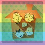 An illustration of a man's head, a woman's head, a boy's head, a girl's head and a dog's head in a house overlayed with rainbow stripes.