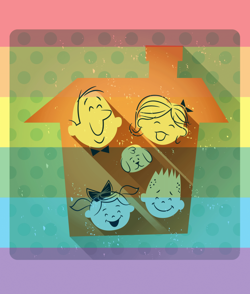 An illustration of a man's head, a woman's head, a boy's head, a girl's head and a dog's head in a house overlayed with rainbow stripes.