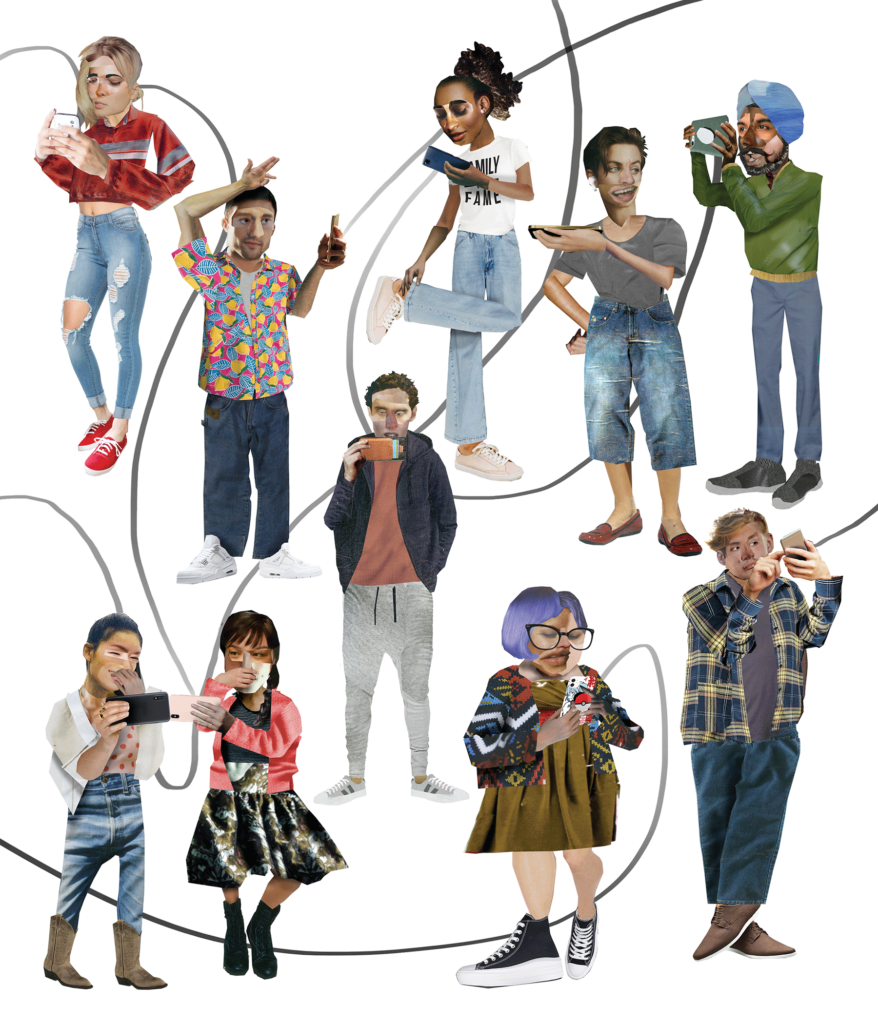 Illustration of various young people looking at smart phones