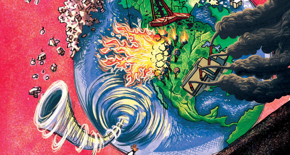 An illustration of a person pushing the earth uphill with tornados, fire, oil and other elements coming off of the earth.