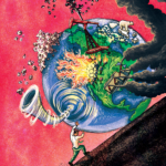An illustration of a person pushing the earth uphill with tornados, fire, oil and other elements coming off of the earth.