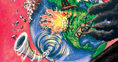 An illustration of a person pushing the earth uphill with tornados, fire, oil and other elements coming off of the earth.