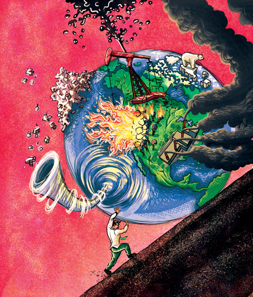 An illustration of a person pushing the earth uphill with tornados, fire, oil and other elements coming off of the earth.