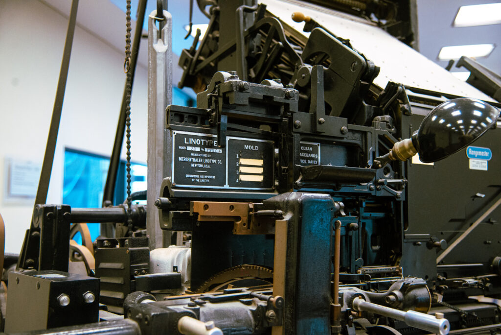 A historical Linotype machine for newspaper typesetting remains at 1 Yonge St., although the newspaper has moved its offices to 8 Spadina Ave.