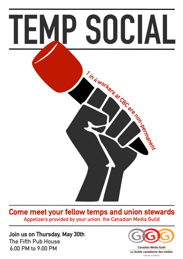 A poster for a social for CBC temp workers on Thursday, May 30, 2019.