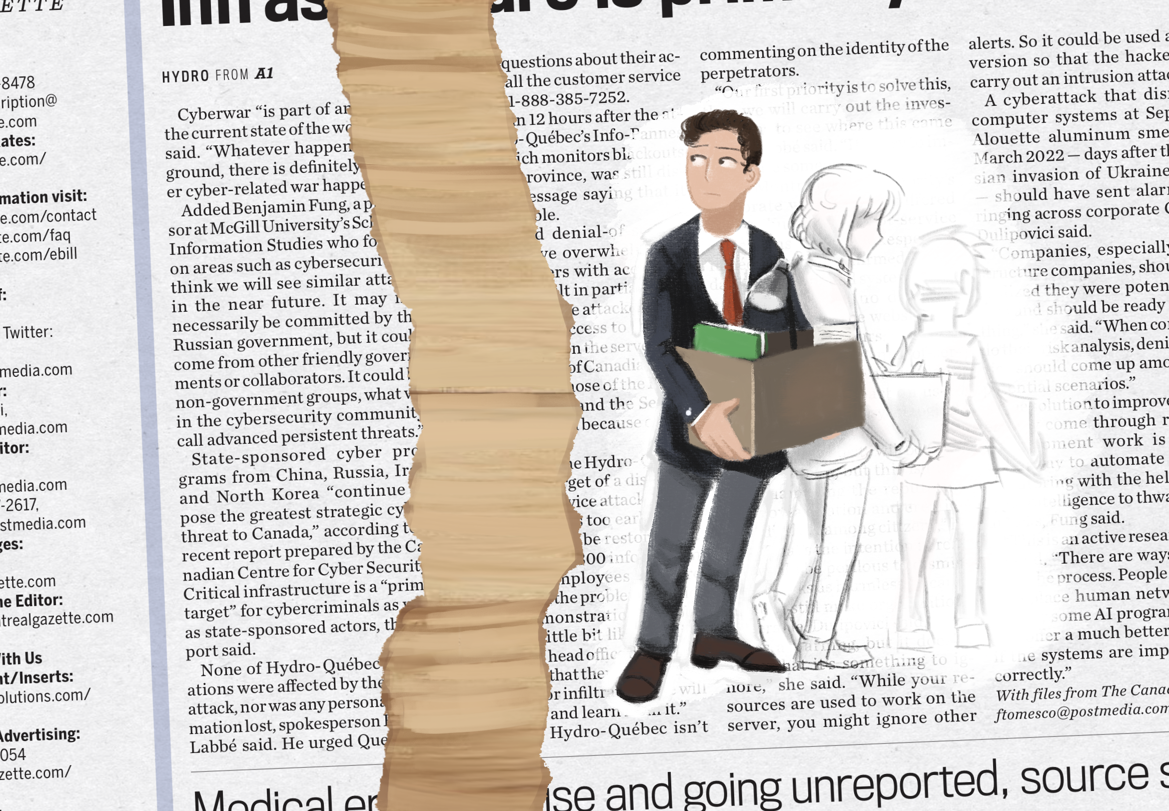 An illustration of a man holding a box of things after being fired. He stands in front of a backdrop of a torn newspaper