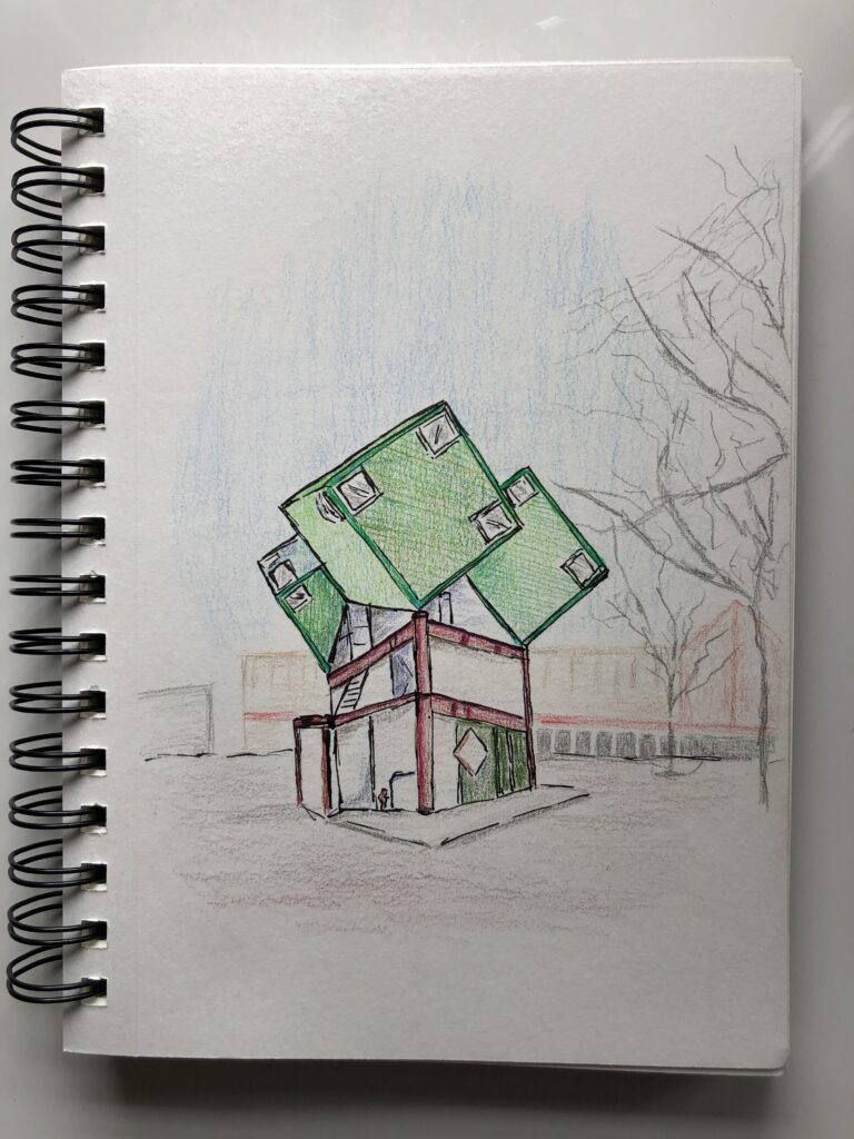 A drawing of Toronto's "cube house," done by Leslie Sinclair