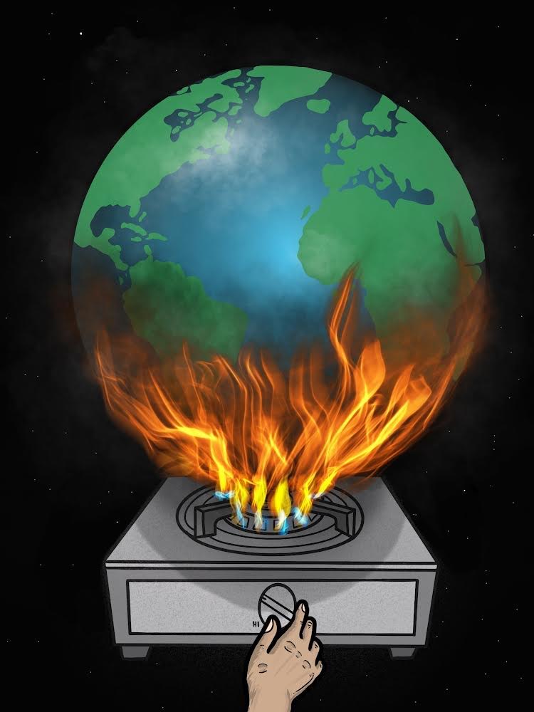Image of the globe on a hot plate, with the heat being cranked up. Flames are climbing up the sides of the Earth