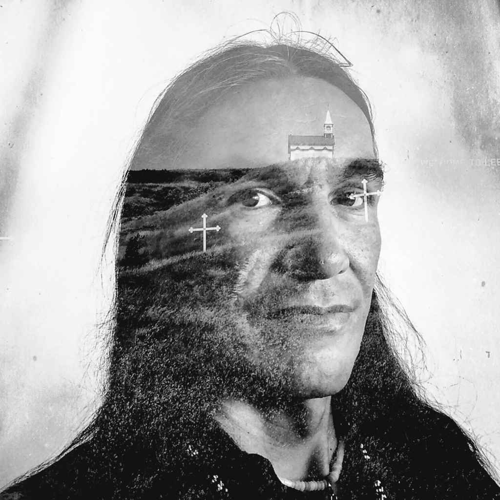 A portrait of Gary Edwards is superimposed with Île-à-la-Crosse Residential School (attended by Edwards from 1970 to 1973), St. Michael’s Indian Residential School (attended by Edwards from 1974 to 1976), and Qu’Appelle Indian Residential School (attended by Edwards from 1976 to 1978).
