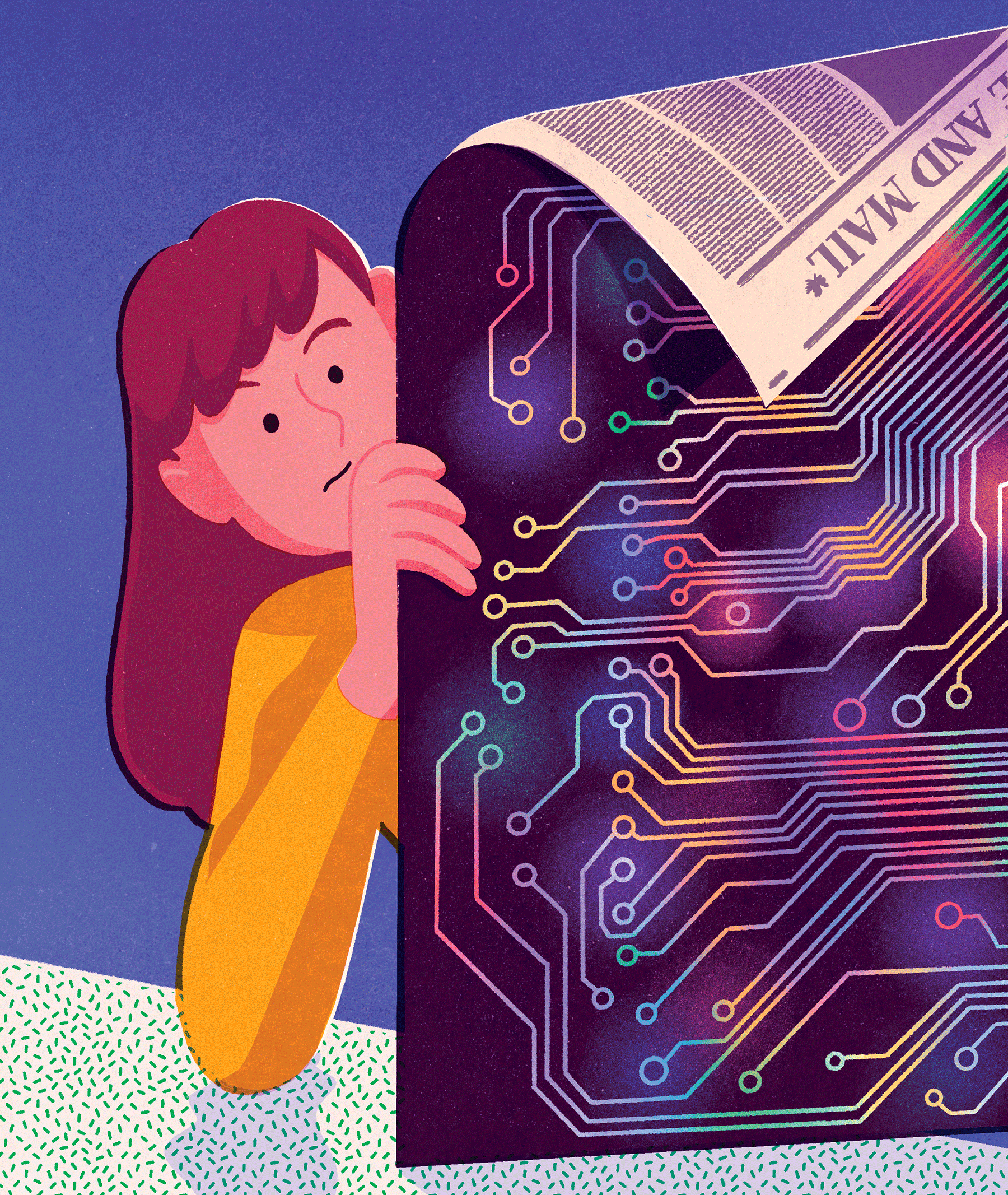 An illustration of a person reading a paper newspaper, which technological, microchip-like patterns on the back. 
