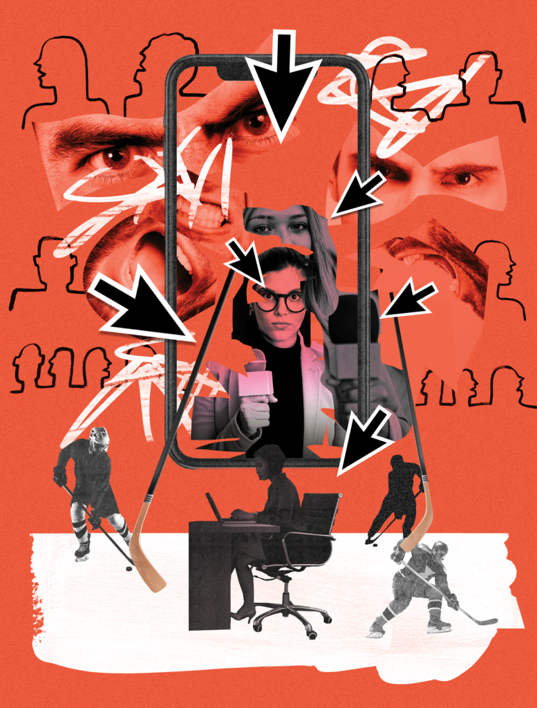 image for tara de boer's story, phone on red background. a woman is in the phoe screen, and multiple mouse cursors are pointing towards her.