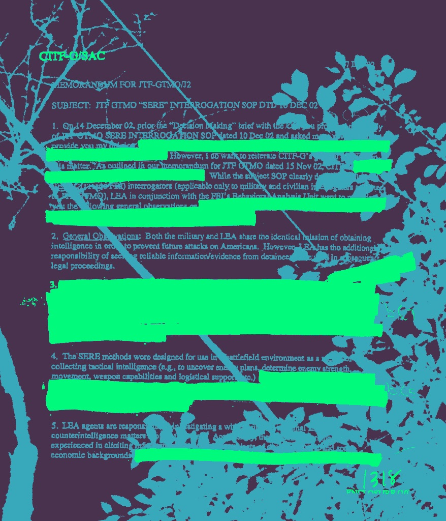 A government memorandum has been heavily redacted, on top of a background of tree branches and leaves.