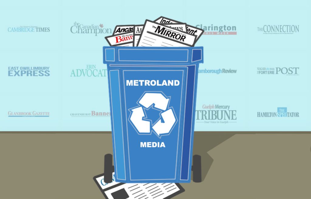 An illustration of a recycling bin overflowing with newspapers.