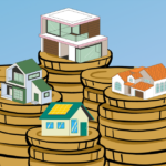An illustration of houses on top of stacks of coins.