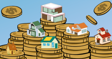 An illustration of houses on top of stacks of coins.