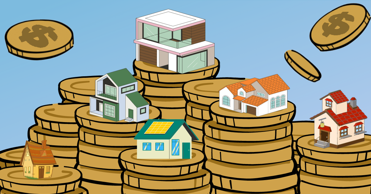 An illustration of houses on top of stacks of coins.