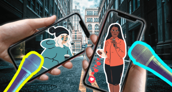 An illustration of two people on two phone screens holding microphones.