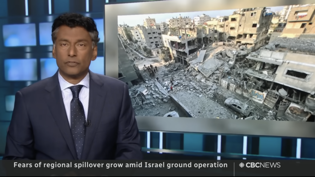 Caption: CBC News’ flagship broadcast The National featured 42 per cent more Israeli voices than Palestinian between Oct. 7 and Nov. 7, despite the number of Palestinian casualties being seven times greater. Screenshot: CBC News: The National/YouTube