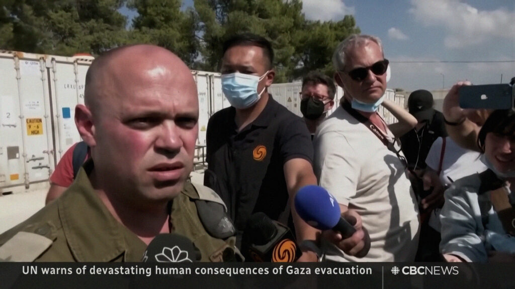 Israel Defense Forces Lt. Col. Richard Hecht was able to make false claims about the conduct of Israeli soldiers on The National without pushback. Screenshot: CBC News: The National/YouTube