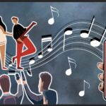 An illustration of people singing and playing instruments at the top with journalists pointing microphones at them.