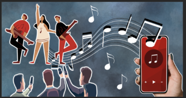 An illustration of people singing and playing instruments at the top with journalists pointing microphones at them.
