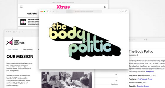 A collage of screenshots of queer-centric publications like the Body Politic and Xtra magazine.