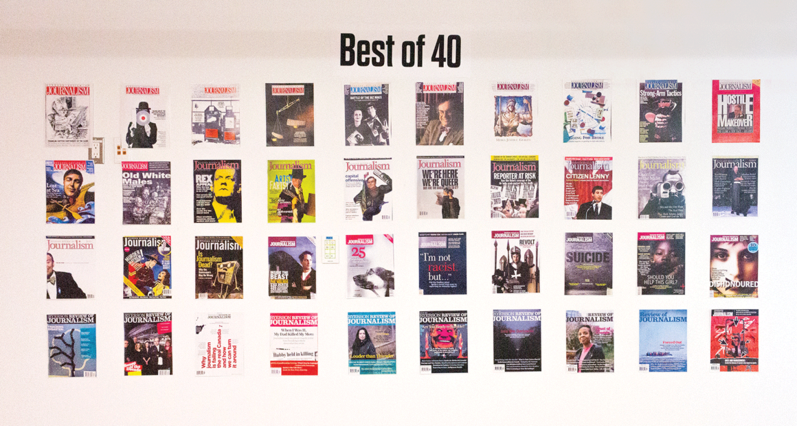 Photo of a wall with various Review of Journalism covers hanging up. Banner says "best of 40."