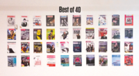 Photo of a wall with various Review of Journalism covers hanging up. Banner says "best of 40."