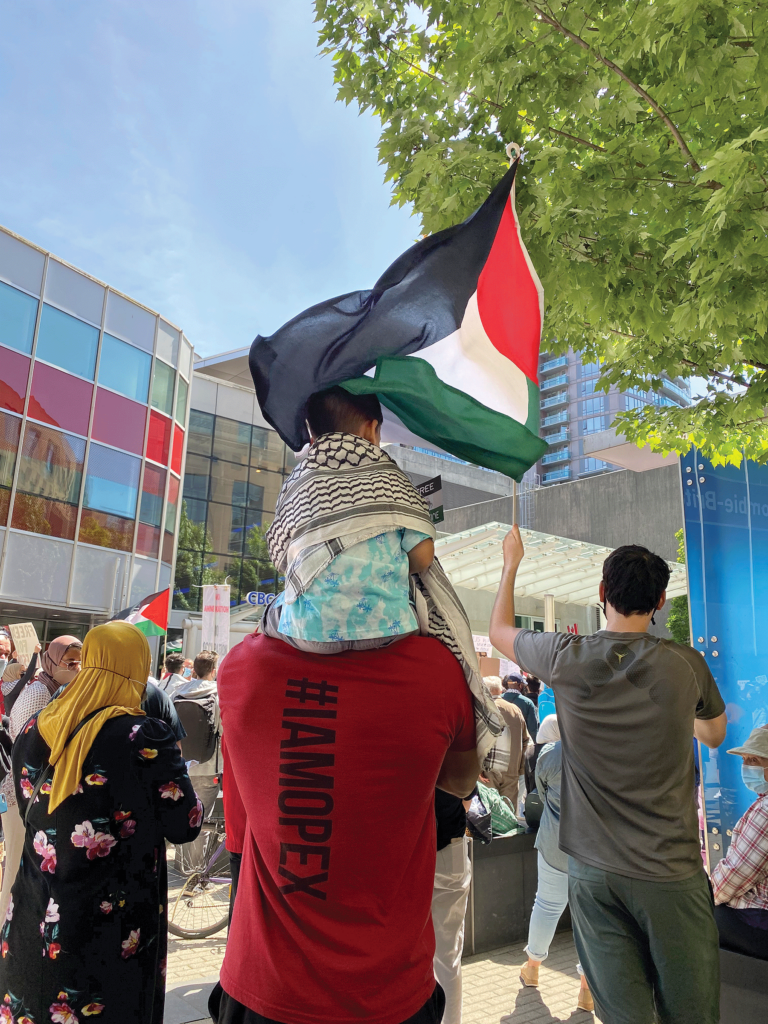 A Palestine flag is waved at a rally.