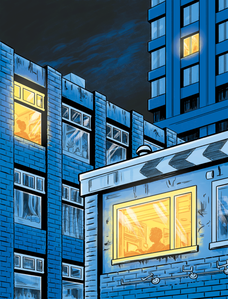 An illustration of blue apartment buildings with three windows lit. There are people in the lit windows typing on a computer.